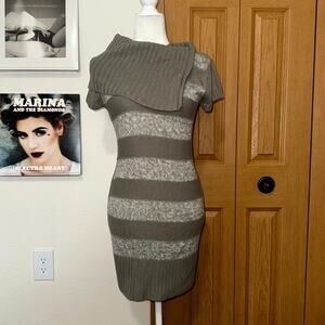 VTG Samantha Stuart Sweater Dress Women's Large Gray Striped Knitted Cowl Neck